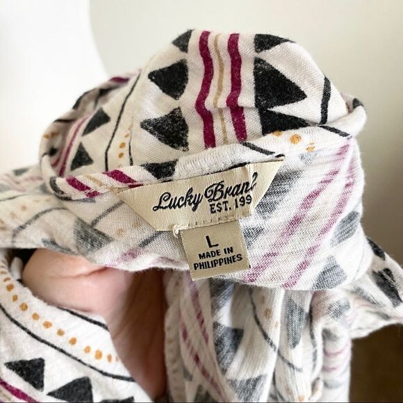 LUCKY Brand Geometic Print Top Women's L Tassel 3/4 Sleeve Boho Pin Tuck - Picture 7 of 7